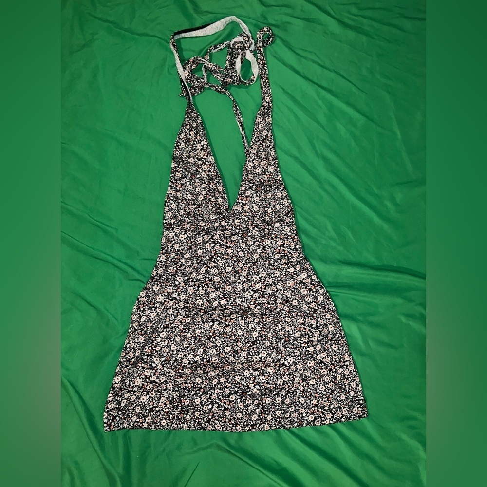 Free People Black/ Orange & Tan Floral Backless Mini Halter Dress size 0